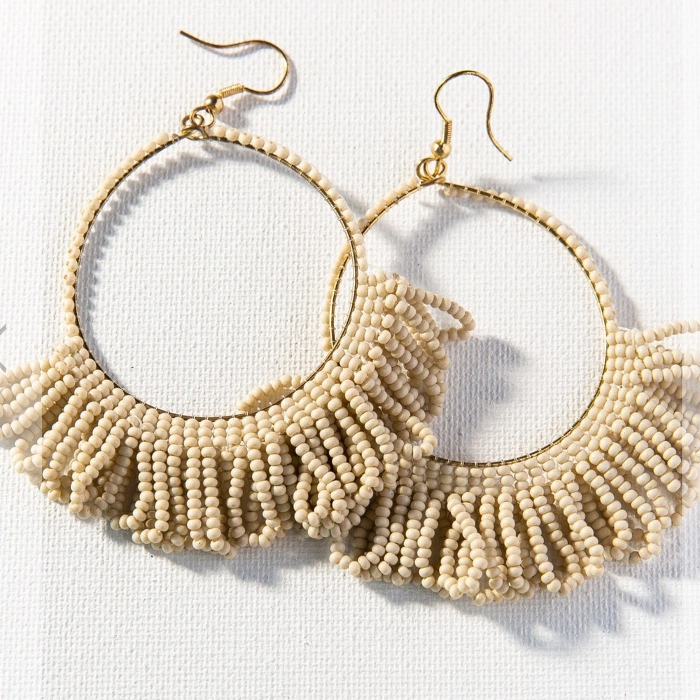 NWOT Ink + Alloy ivory bead fringe hoop earrings